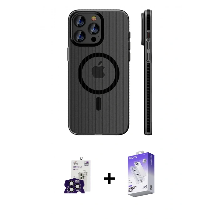 MARSİLYAN™- iPhone 16 Pro Max Kılıf Pusula Minimal Koleksiyonu - Siyah Bilvis 5in1 3D Magic Cam Ekran Koruyucu + Bilvis Titan Kamera Lens - TMGI