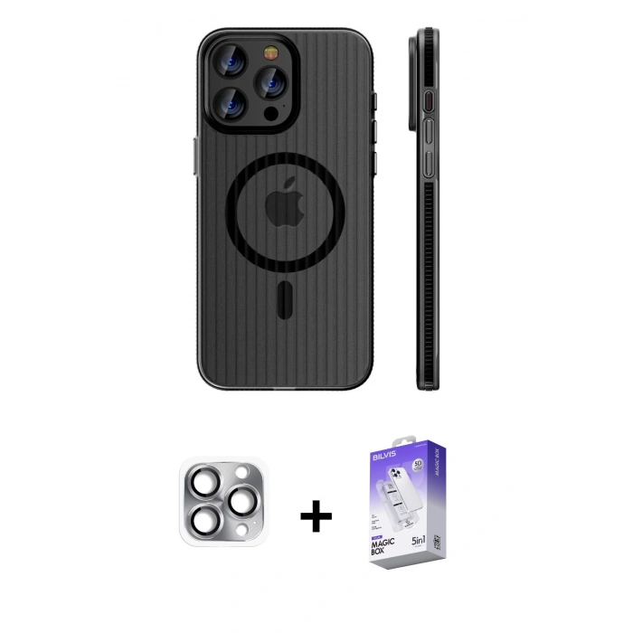 MARSİLYAN™- iPhone 16 Pro Max Kılıf Pusula Minimal Koleksiyonu - Siyah Bilvis 5in1 3D Magic Cam Ekran Koruyucu + Pers Alüminyum Kamera Lens - GI