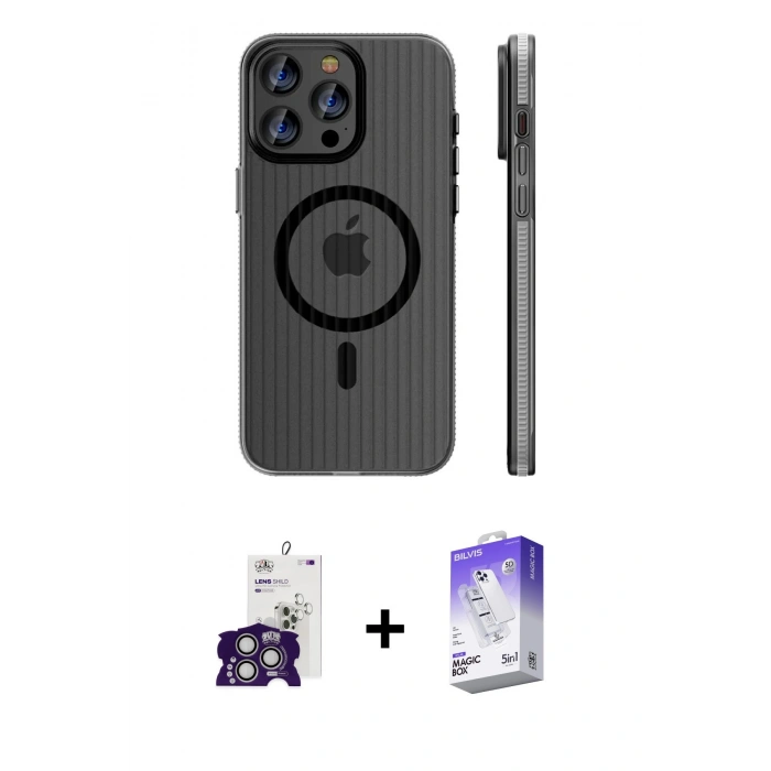 MARSİLYAN™- iPhone 16 Pro Max Kılıf Pusula Minimal Koleksiyonu - Siyah Bilvis 5in1 3D Magic Cam Ekran Koruyucu + Bilvis Titan Kamera Lens - GS