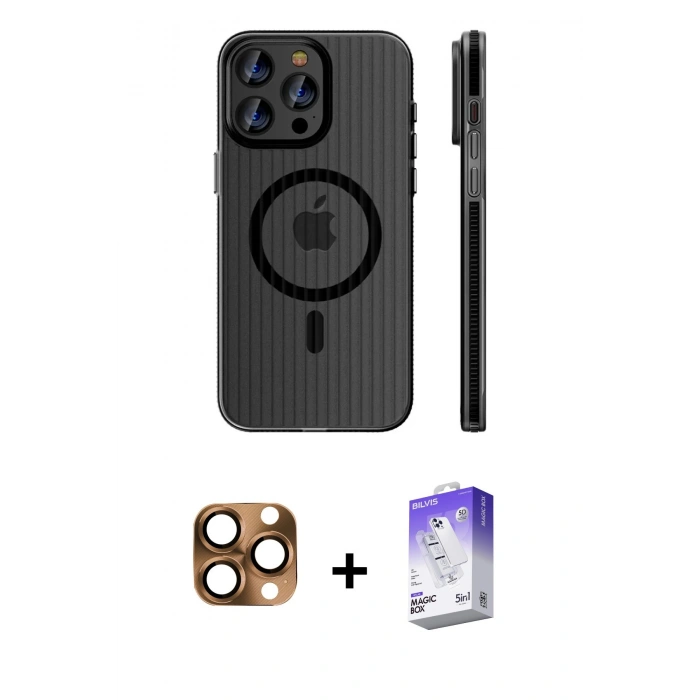 MARSİLYAN™- iPhone 16 Pro Max Kılıf Pusula Minimal Koleksiyonu - Siyah Bilvis 5in1 3D Magic Cam Ekran Koruyucu + Pers Alüminyum Kamera Lens - CLTM