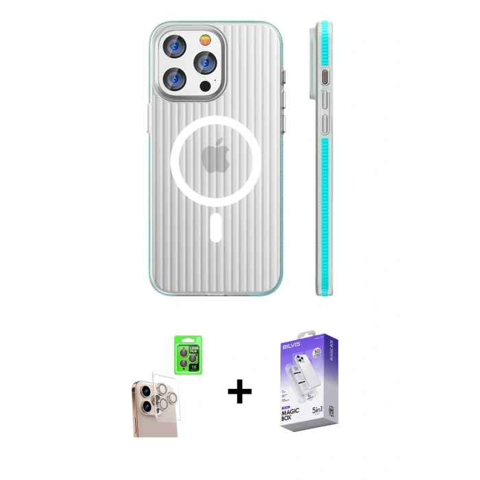 MARSİLYAN™- iPhone 16 Pro Max Kılıf Pusula Minimal Koleksiyonu - Siyah Bilvis 5in1 3D Magic Cam Ekran Koruyucu + Raze Metal Kamera Lens - NLGY