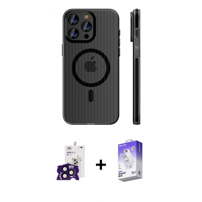 MARSİLYAN™- iPhone 16 Pro Max Kılıf Pusula Minimal Koleksiyonu - Siyah Bilvis 5in1 3D Magic Cam Ekran Koruyucu + Bilvis Titan Kamera Lens - SH