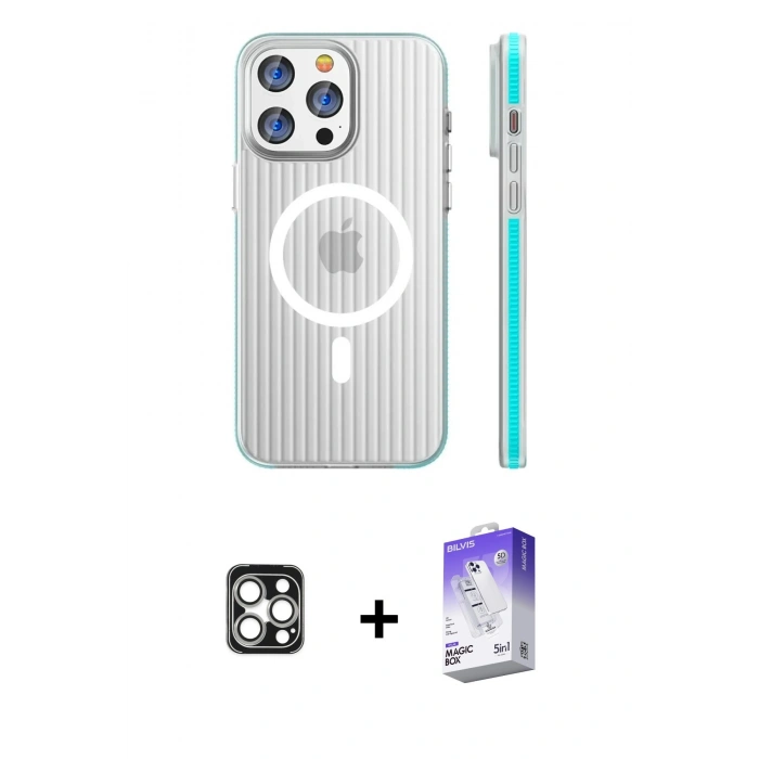 MARSİLYAN™- iPhone 16 Pro Max Kılıf Pusula Minimal Koleksiyonu - Siyah Bilvis 5in1 3D Magic Cam Ekran Koruyucu + Gümüş PVD Metal Kamera Lens