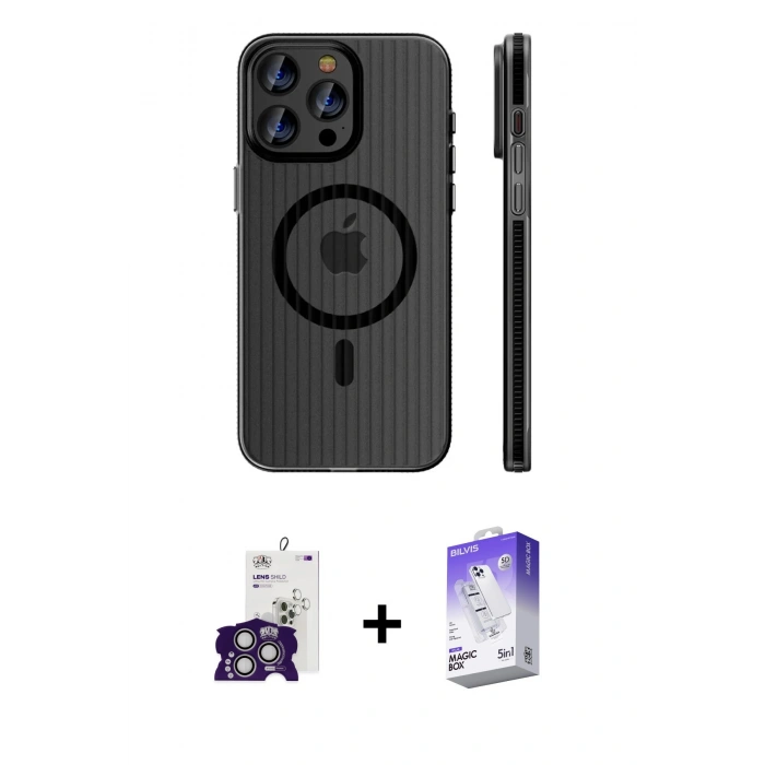 MARSİLYAN™- iPhone 16 Pro Max Kılıf Pusula Minimal Koleksiyonu - Siyah Bilvis 5in1 3D Magic Cam Ekran Koruyucu + Bilvis Titan Kamera Lens - GS