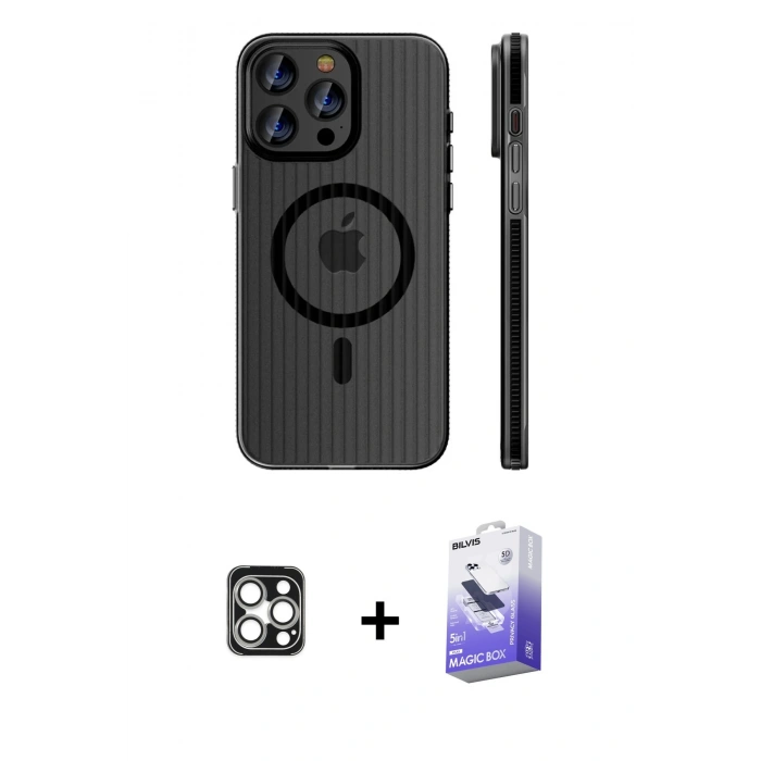 MARSİLYAN™- iPhone 16 Pro Max Kılıf Pusula Minimal Koleksiyonu - Siyah Bilvis 5in1 5D Magic Hayalet Cam Ekran Koruyucu + PVD Metal Kamera Lens - GS