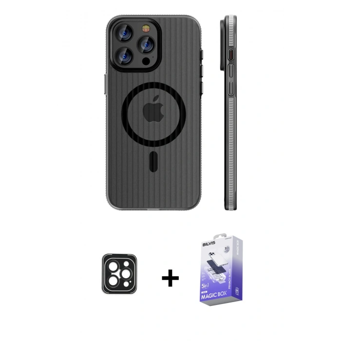 MARSİLYAN™- iPhone 16 Pro Max Kılıf Pusula Minimal Koleksiyonu - Siyah Bilvis 5in1 5D Magic Hayalet Cam Ekran Koruyucu + PVD Metal Kamera Lens - SH