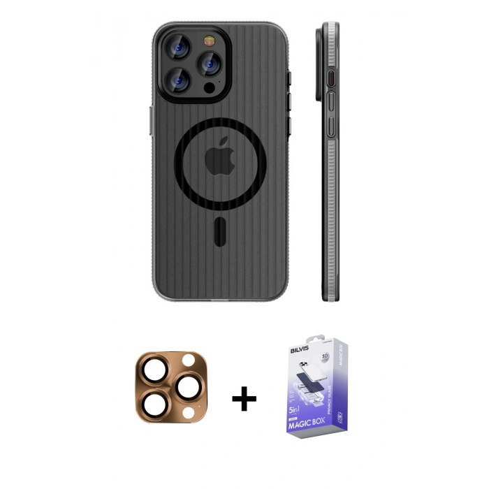 MARSİLYAN™- iPhone 16 Pro Max Kılıf Pusula Minimal Koleksiyonu - Siyah Bilvis 5in1 5D Magic Hayalet Cam Ekran Koruyucu + Pers Alüminyum Kamera Lens - CLTM
