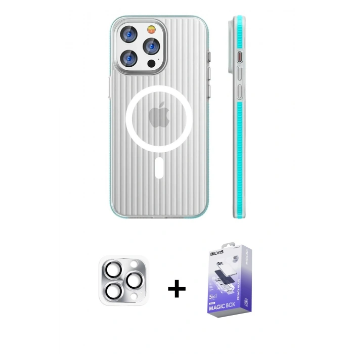 MARSİLYAN™- iPhone 16 Pro Max Kılıf Pusula Minimal Koleksiyonu - Siyah Bilvis 5in1 5D Magic Hayalet Cam Ekran Koruyucu + Pers Alüminyum Kamera Lens - GS
