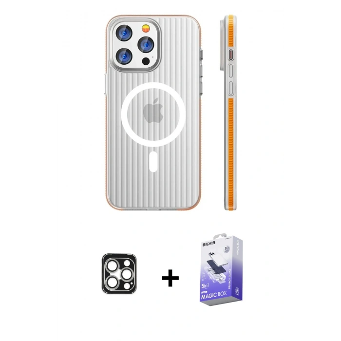 MARSİLYAN™- iPhone 16 Pro Max Kılıf Pusula Minimal Koleksiyonu - Siyah Bilvis 5in1 5D Magic Hayalet Cam Ekran Koruyucu + PVD Metal Kamera Lens - GS