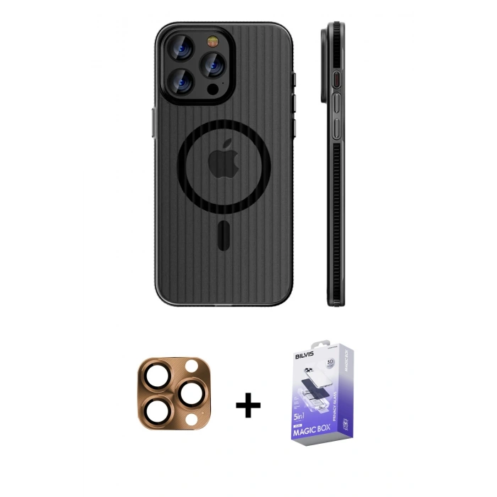MARSİLYAN™- iPhone 16 Pro Max Kılıf Pusula Minimal Koleksiyonu - Siyah Bilvis 5in1 5D Magic Hayalet Cam Ekran Koruyucu + Pers Alüminyum Kamera Lens - CLTM