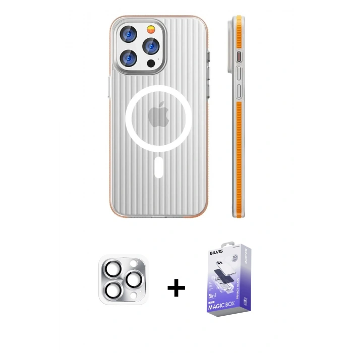 MARSİLYAN™- iPhone 16 Pro Max Kılıf Pusula Minimal Koleksiyonu - Siyah Bilvis 5in1 5D Magic Hayalet Cam Ekran Koruyucu + Pers Alüminyum Kamera Lens - GS