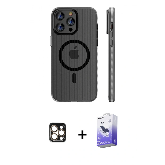 MARSİLYAN™- iPhone 16 Pro Max Kılıf Pusula Minimal Koleksiyonu - Siyah Bilvis 5in1 5D Magic Hayalet Cam Ekran Koruyucu + PVD Metal Kamera Lens - GD
