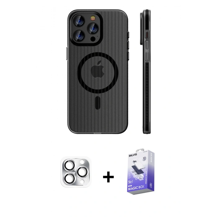MARSİLYAN™- iPhone 16 Pro Max Kılıf Pusula Minimal Koleksiyonu - Siyah Bilvis 5in1 5D Magic Hayalet Cam Ekran Koruyucu + Pers Alüminyum Kamera Lens - GS