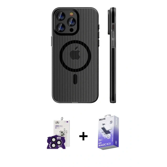 MARSİLYAN™- iPhone 16 Pro Max Kılıf Pusula Minimal Koleksiyonu - Siyah Bilvis 5in1 5D Magic Hayalet Cam Ekran Koruyucu + Bilvis Titan Kamera Lens - SH