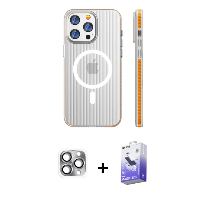 MARSİLYAN™- iPhone 16 Pro Max Kılıf Pusula Minimal Koleksiyonu - Siyah Bilvis 5in1 5D Magic Hayalet Cam Ekran Koruyucu + Gri Pers Alüminyum Kamera Lens