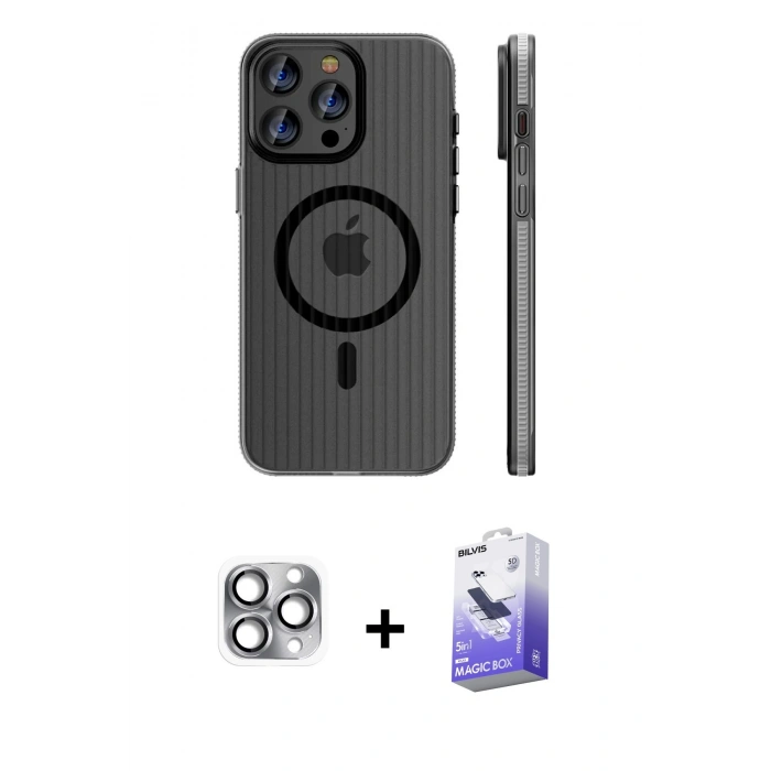 MARSİLYAN™- iPhone 16 Pro Max Kılıf Pusula Minimal Koleksiyonu - Siyah Bilvis 5in1 5D Magic Hayalet Cam Ekran Koruyucu + Gri Pers Alüminyum Kamera Lens