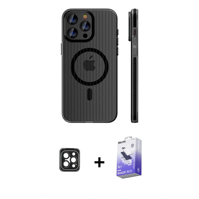 MARSİLYAN™- iPhone 16 Pro Max Kılıf Pusula Minimal Koleksiyonu - Siyah Bilvis 5in1 5D Magic Hayalet Cam Ekran Koruyucu + PVD Metal Kamera Lens - SH