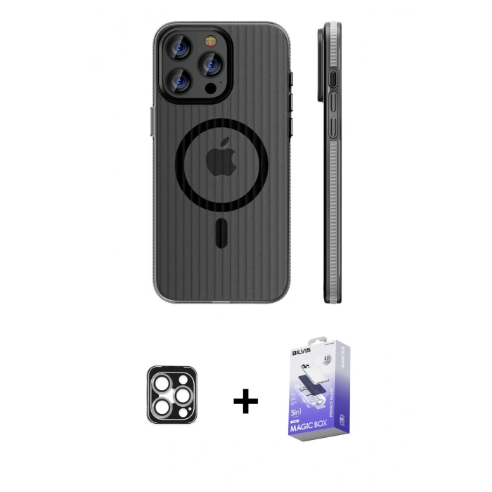 MARSİLYAN™- iPhone 16 Pro Max Kılıf Pusula Minimal Koleksiyonu - Siyah Bilvis 5in1 5D Magic Hayalet Cam Ekran Koruyucu + PVD Metal Kamera Lens - GS