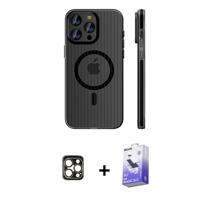 MARSİLYAN™- iPhone 16 Pro Max Kılıf Pusula Minimal Koleksiyonu - Siyah Bilvis 5in1 5D Magic Hayalet Cam Ekran Koruyucu + PVD Metal Kamera Lens - GD