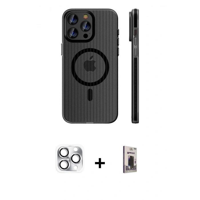 MARSİLYAN™- iPhone 16 Pro Max Kılıf Pusula Minimal Koleksiyonu - Siyah Bilvis Hayalet Cam Ekran Koruyucu + Pers Alüminyum Kamera Lens - GS
