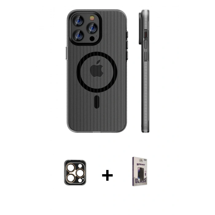 MARSİLYAN™- iPhone 16 Pro Max Kılıf Pusula Minimal Koleksiyonu - Siyah Bilvis Hayalet Cam Ekran Koruyucu + PVD Metal Kamera Lens - GD
