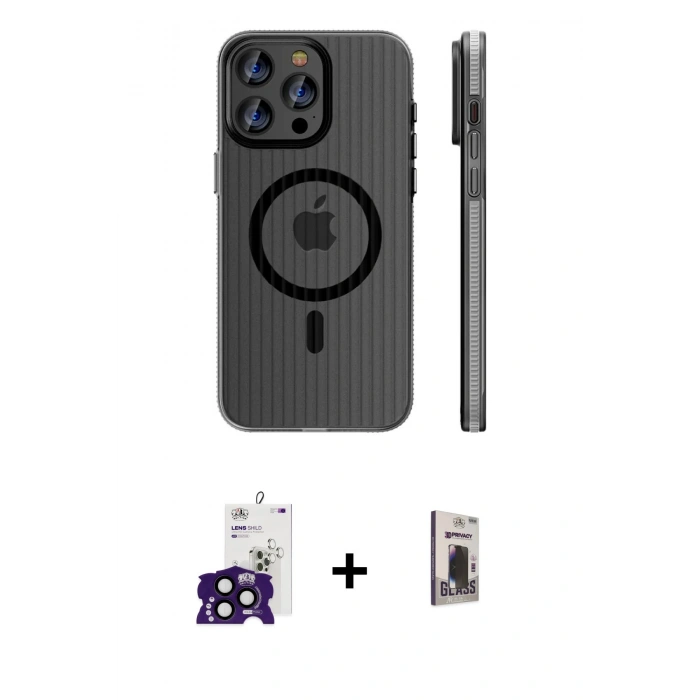 MARSİLYAN™- iPhone 16 Pro Max Kılıf Pusula Minimal Koleksiyonu - Siyah Bilvis Hayalet Cam Ekran Koruyucu + Bilvis Titan Kamera Lens - SH
