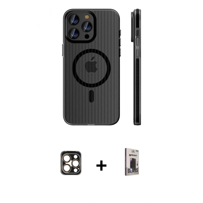 MARSİLYAN™- iPhone 16 Pro Max Kılıf Pusula Minimal Koleksiyonu - Siyah Bilvis Hayalet Cam Ekran Koruyucu + PVD Metal Kamera Lens - GD