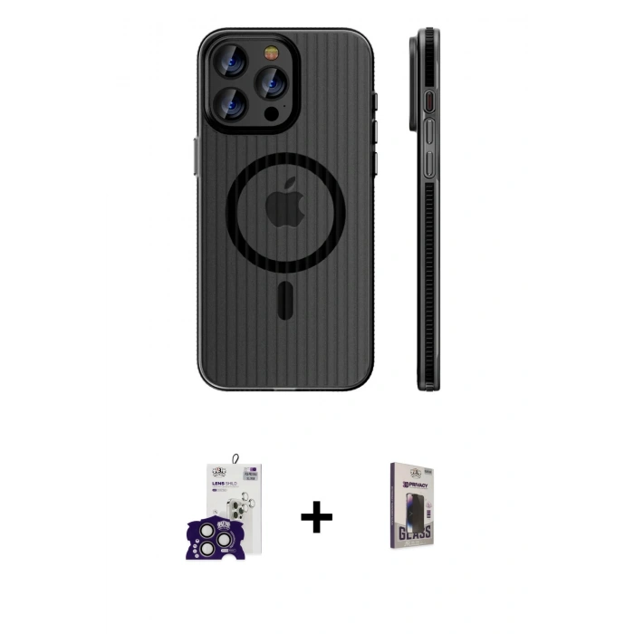 MARSİLYAN™- iPhone 16 Pro Max Kılıf Pusula Minimal Koleksiyonu - Siyah Bilvis Hayalet Cam Ekran Koruyucu + Titanyum Gri Bilvis Titan Kamera Lens