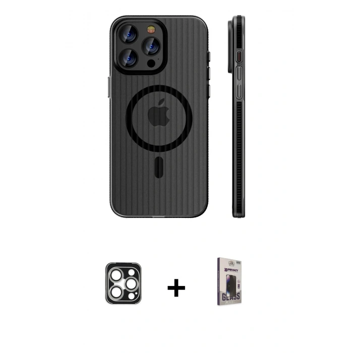 MARSİLYAN™- iPhone 16 Pro Max Kılıf Pusula Minimal Koleksiyonu - Siyah Bilvis Hayalet Cam Ekran Koruyucu + PVD Metal Kamera Lens - GS