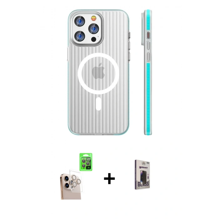 MARSİLYAN™- iPhone 16 Pro Max Kılıf Pusula Minimal Koleksiyonu - Siyah Bilvis Hayalet Cam Ekran Koruyucu + Natural Grey Raze Metal Kamera Lens