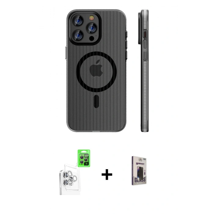 MARSİLYAN™- iPhone 16 Pro Max Kılıf Pusula Minimal Koleksiyonu - Siyah Bilvis Hayalet Cam Ekran Koruyucu + Raze Metal Kamera Lens - BZ