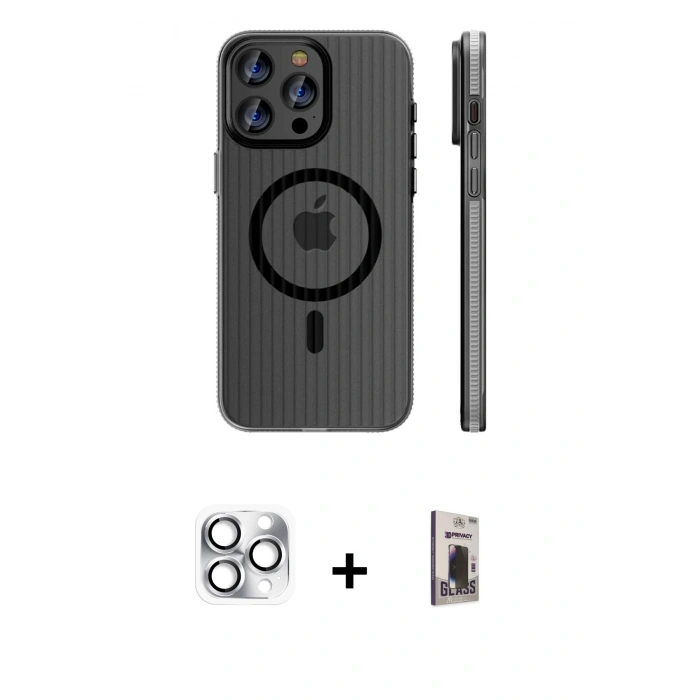 MARSİLYAN™- iPhone 16 Pro Max Kılıf Pusula Minimal Koleksiyonu - Siyah Bilvis Hayalet Cam Ekran Koruyucu + Pers Alüminyum Kamera Lens - GS
