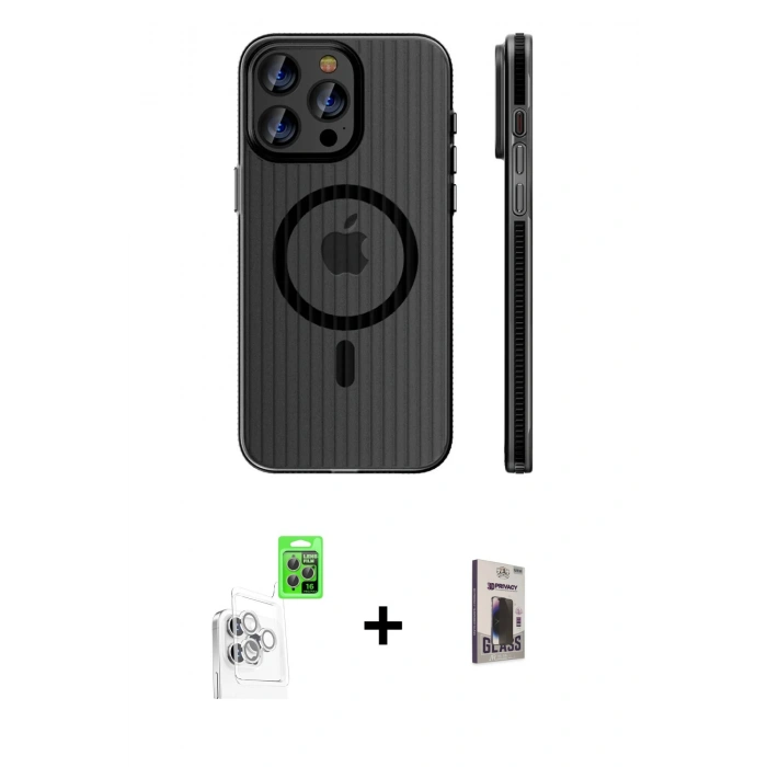 MARSİLYAN™- iPhone 16 Pro Max Kılıf Pusula Minimal Koleksiyonu - Siyah Bilvis Hayalet Cam Ekran Koruyucu + Raze Metal Kamera Lens - BZ