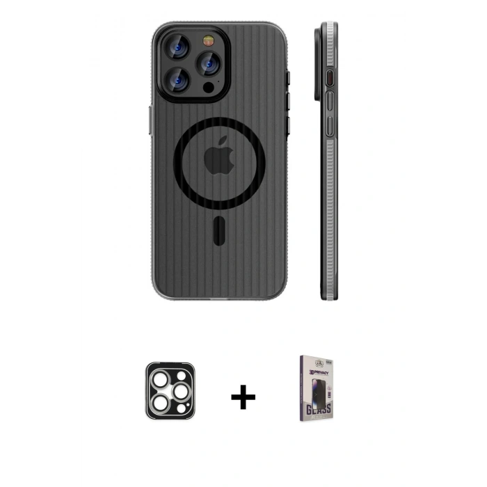 MARSİLYAN™- iPhone 16 Pro Max Kılıf Pusula Minimal Koleksiyonu - Siyah Bilvis Hayalet Cam Ekran Koruyucu + PVD Metal Kamera Lens - GS
