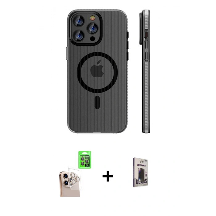 MARSİLYAN™- iPhone 16 Pro Max Kılıf Pusula Minimal Koleksiyonu - Siyah Bilvis Hayalet Cam Ekran Koruyucu + Raze Metal Kamera Lens - NLGY