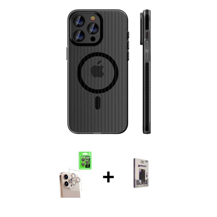 MARSİLYAN™- iPhone 16 Pro Max Kılıf Pusula Minimal Koleksiyonu - Siyah Bilvis Hayalet Cam Ekran Koruyucu + Natural Grey Raze Metal Kamera Lens