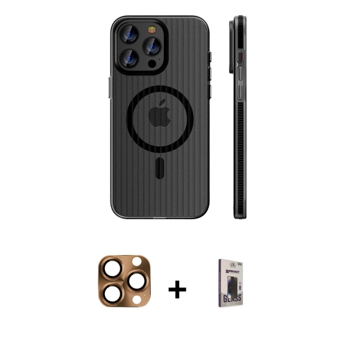 MARSİLYAN™- iPhone 16 Pro Max Kılıf Pusula Minimal Koleksiyonu - Siyah Bilvis Hayalet Cam Ekran Koruyucu + Pers Alüminyum Kamera Lens - CLTM
