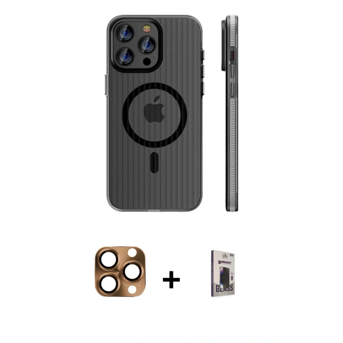 MARSİLYAN™- iPhone 16 Pro Max Kılıf Pusula Minimal Koleksiyonu - Siyah Bilvis Hayalet Cam Ekran Koruyucu + Pers Alüminyum Kamera Lens - CLTM