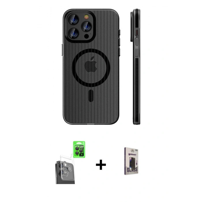 MARSİLYAN™- iPhone 16 Pro Max Kılıf Pusula Minimal Koleksiyonu - Siyah Bilvis Hayalet Cam Ekran Koruyucu + Raze Metal Kamera Lens - SH