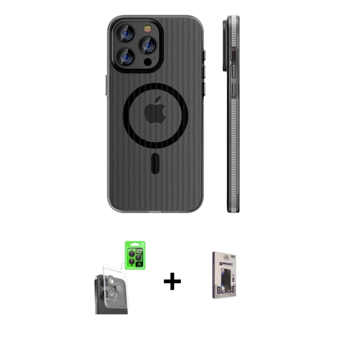 MARSİLYAN™- iPhone 16 Pro Max Kılıf Pusula Minimal Koleksiyonu - Siyah Bilvis Hayalet Cam Ekran Koruyucu + Siyah Raze Metal Kamera Lens