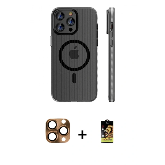 MARSİLYAN™- iPhone 16 Pro Max Kılıf Pusula Minimal Koleksiyonu - Siyah Buffer Cam Ekran Koruyucu + Çöl Titanyum Pers Alüminyum Kamera Lens