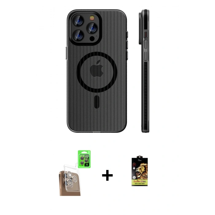 MARSİLYAN™- iPhone 16 Pro Max Kılıf Pusula Minimal Koleksiyonu - Siyah Buffer Cam Ekran Koruyucu + Raze Metal Kamera Lens - CLTM