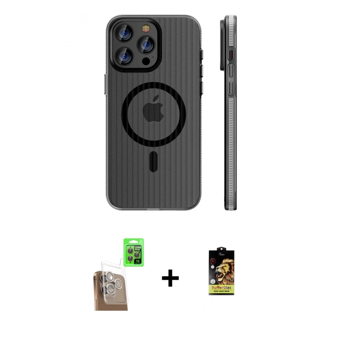 MARSİLYAN™- iPhone 16 Pro Max Kılıf Pusula Minimal Koleksiyonu - Siyah Buffer Cam Ekran Koruyucu + Raze Metal Kamera Lens - CLTM