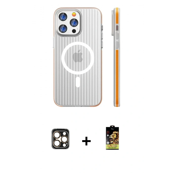MARSİLYAN™- iPhone 16 Pro Max Kılıf Pusula Minimal Koleksiyonu - Siyah Buffer Cam Ekran Koruyucu + PVD Metal Kamera Lens - GD
