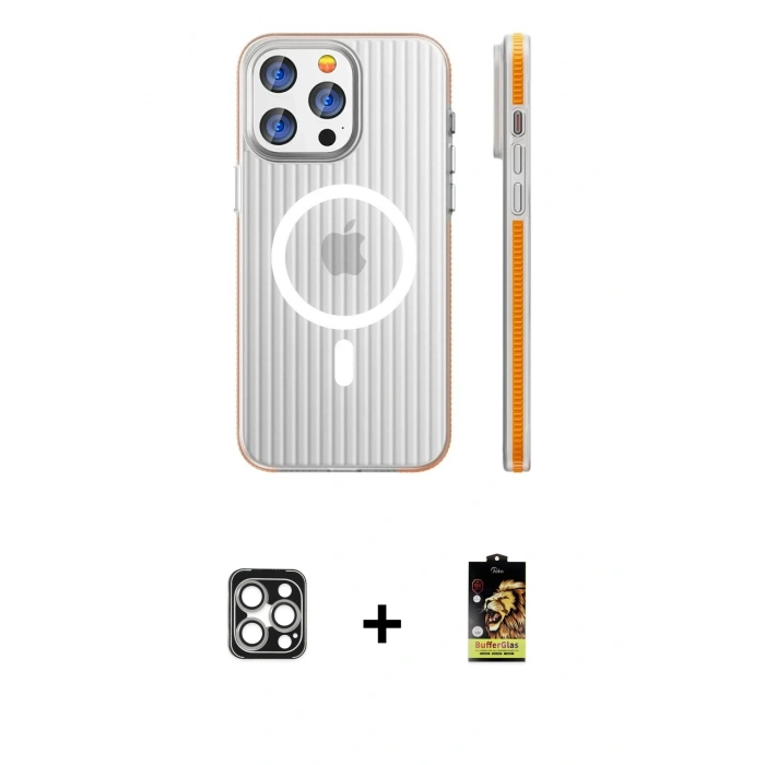MARSİLYAN™- iPhone 16 Pro Max Kılıf Pusula Minimal Koleksiyonu - Siyah Buffer Cam Ekran Koruyucu + Gümüş PVD Metal Kamera Lens