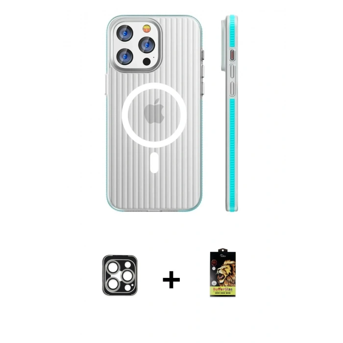 MARSİLYAN™- iPhone 16 Pro Max Kılıf Pusula Minimal Koleksiyonu - Siyah Buffer Cam Ekran Koruyucu + Gümüş PVD Metal Kamera Lens