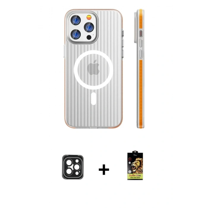 MARSİLYAN™- iPhone 16 Pro Max Kılıf Pusula Minimal Koleksiyonu - Siyah Buffer Cam Ekran Koruyucu + PVD Metal Kamera Lens - SH