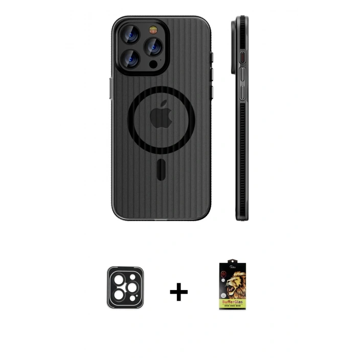 MARSİLYAN™- iPhone 16 Pro Max Kılıf Pusula Minimal Koleksiyonu - Siyah Buffer Cam Ekran Koruyucu + PVD Metal Kamera Lens - SH