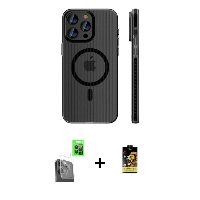 MARSİLYAN™- iPhone 16 Pro Max Kılıf Pusula Minimal Koleksiyonu - Siyah Buffer Cam Ekran Koruyucu + Raze Metal Kamera Lens - SH