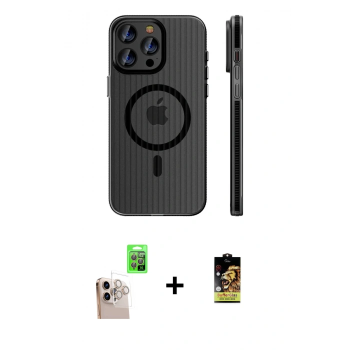 MARSİLYAN™- iPhone 16 Pro Max Kılıf Pusula Minimal Koleksiyonu - Siyah Buffer Cam Ekran Koruyucu + Raze Metal Kamera Lens - NLGY